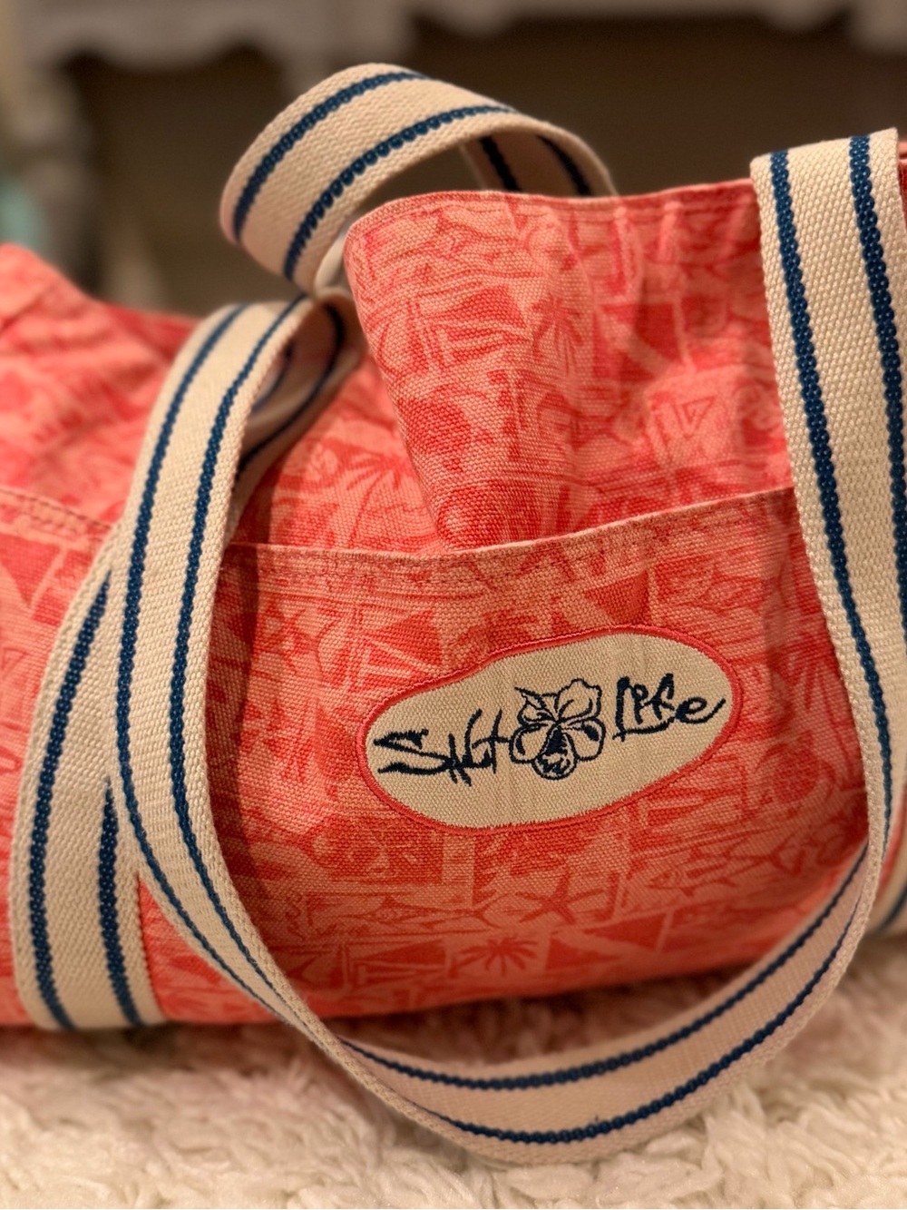 Salt Life Coral Canvas Tote with Blue-Striped Webbing Handles